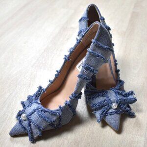 Steve Madden Barbi Blue Denim Frayed Bow Stiletto Heels Coquette